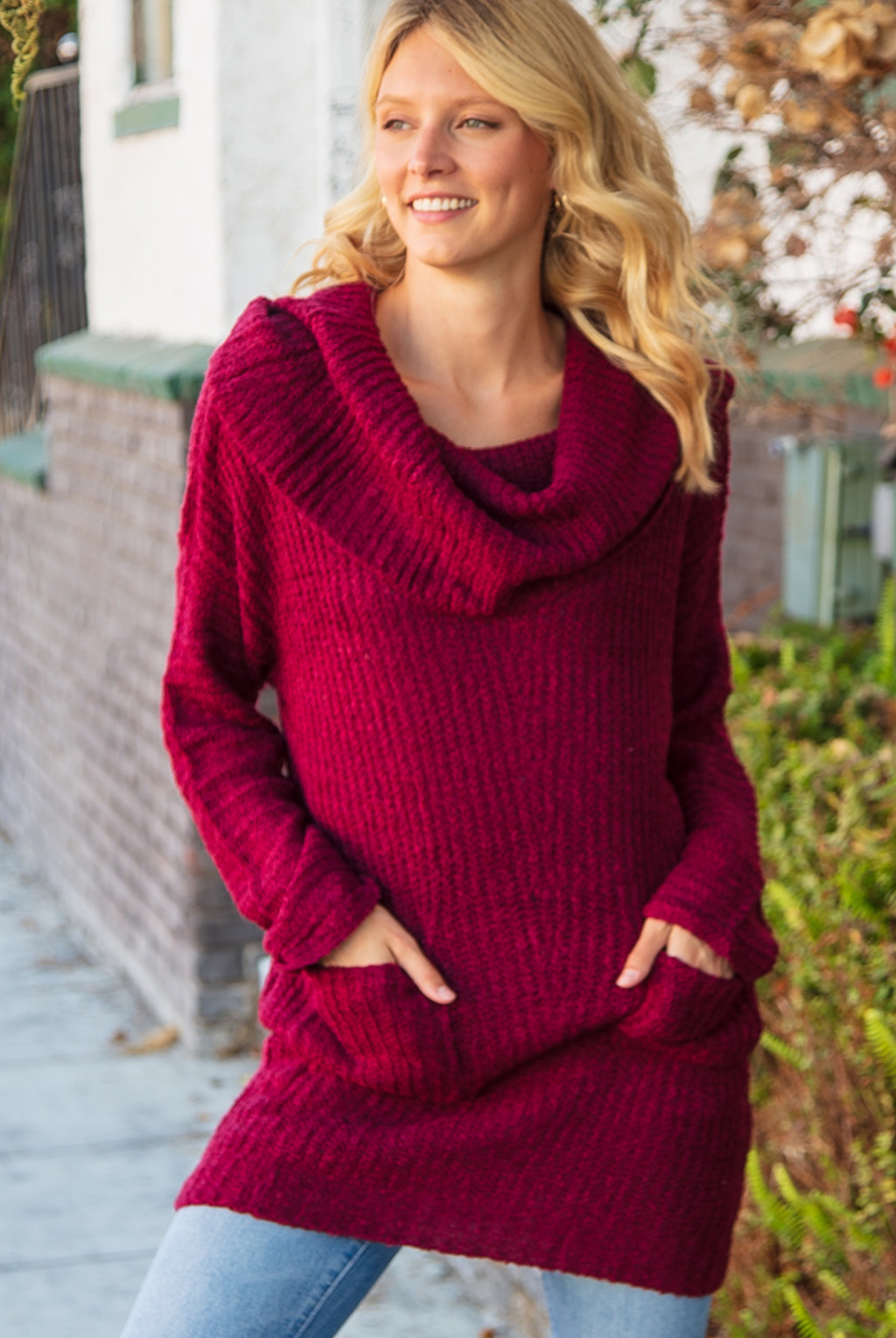 COWL NECK TUNIC SWEATER WITH POCKETS