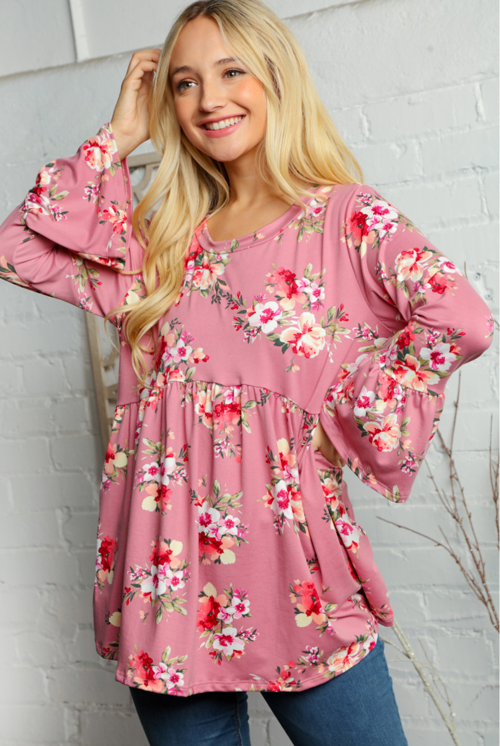 FLORAL PRINT BELL SLEEVE TUNIC TOP