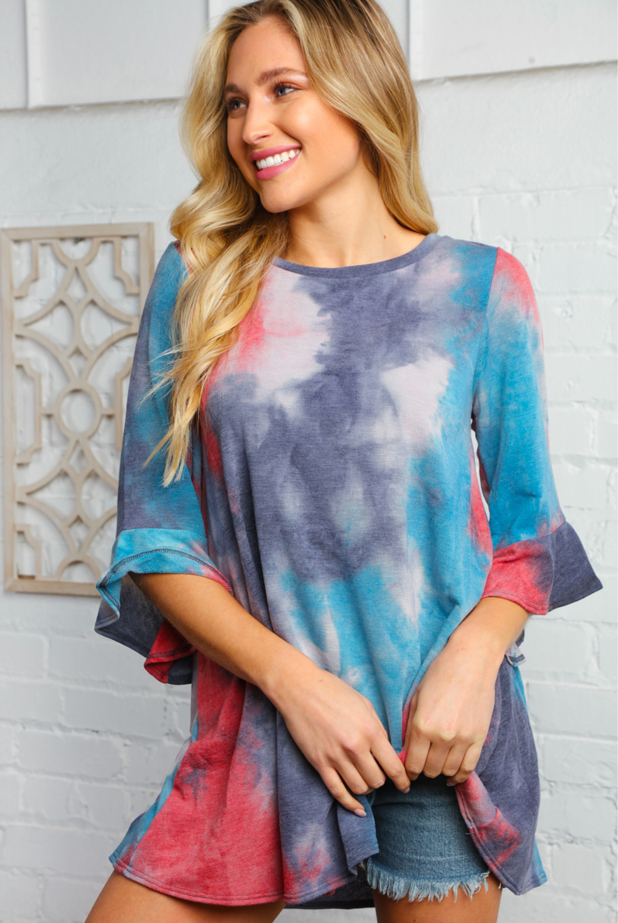 Blue Tie Dye Marbled Bell Sleeve Tunic