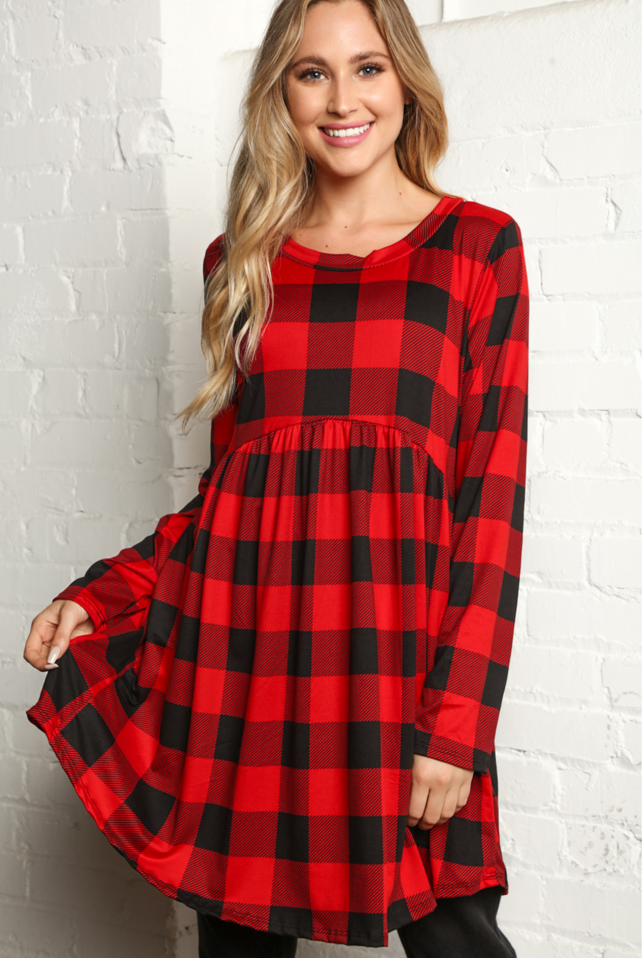 PLAID BABYDOLL SWING DRESS WITH POCKETS