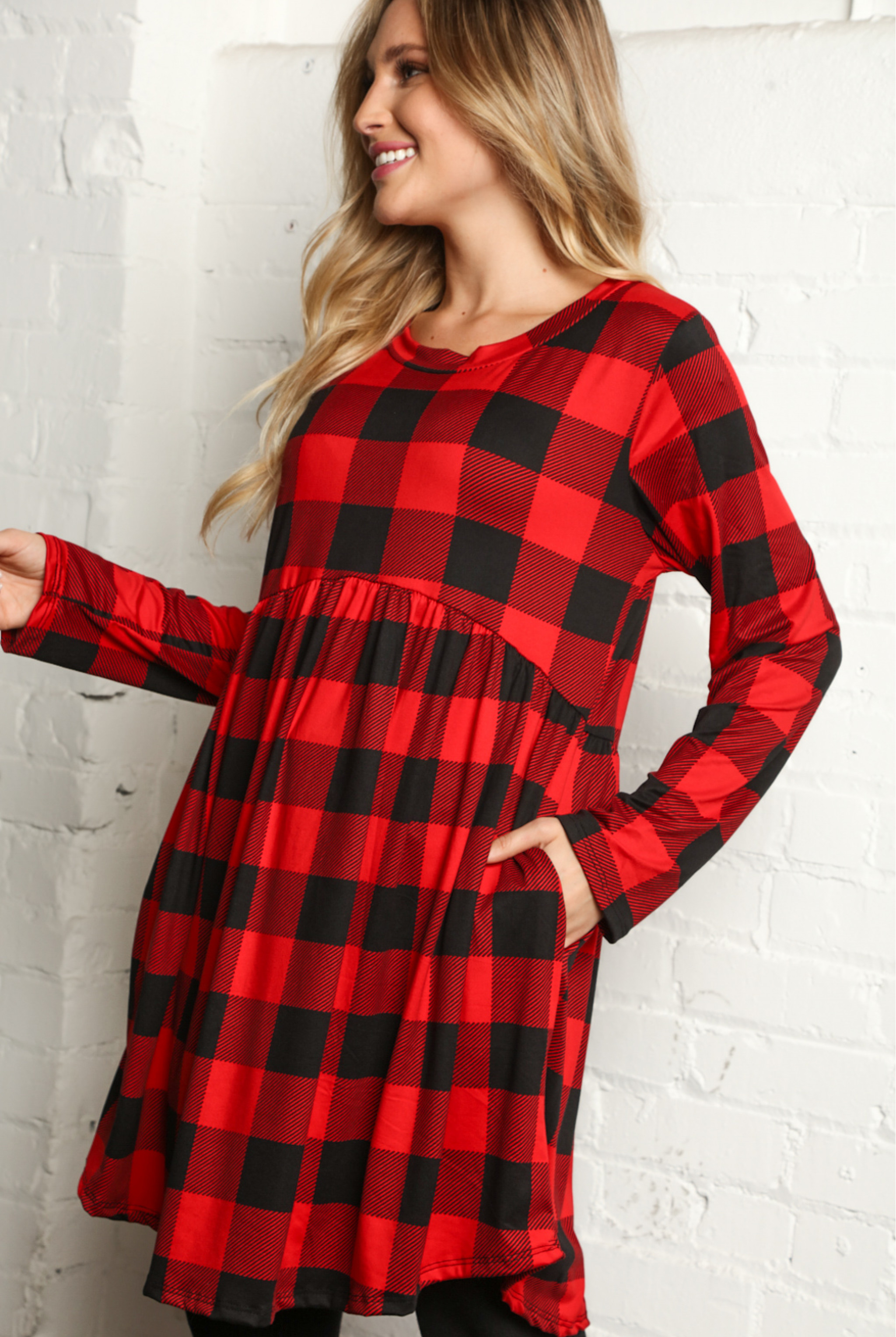 PLAID BABYDOLL SWING DRESS WITH POCKETS